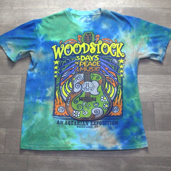 Woodstock An Aquarian Position White Lake NY Men’s Blue Tye Dye Shirt S - Picture 2 of 5